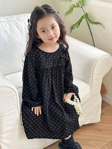 DAZY Girls Polka Dot Print Cute Lantern Sleeve Round Neck Dress