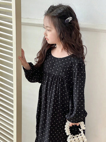 DAZY Girls Polka Dot Print Cute Lantern Sleeve Round Neck Dress