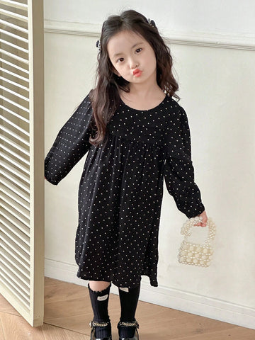DAZY Girls Polka Dot Print Cute Lantern Sleeve Round Neck Dress