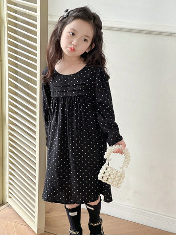 DAZY Girls Polka Dot Print Cute Lantern Sleeve Round Neck Dress