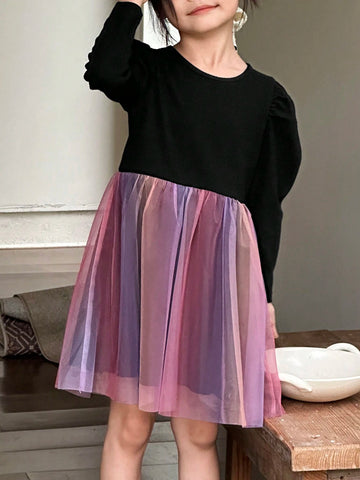 DAZY Girls' Round Neck Puff Sleeve Casual Dress, Toddler Size