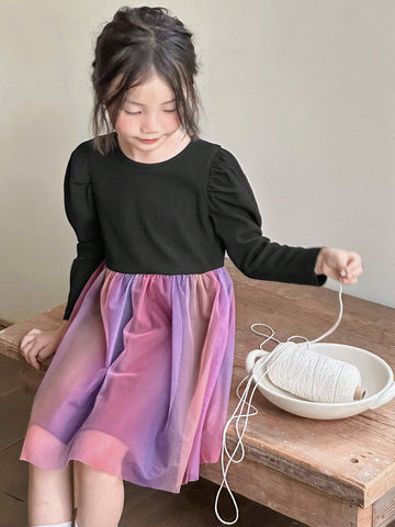 DAZY Girls' Round Neck Puff Sleeve Casual Dress, Toddler Size