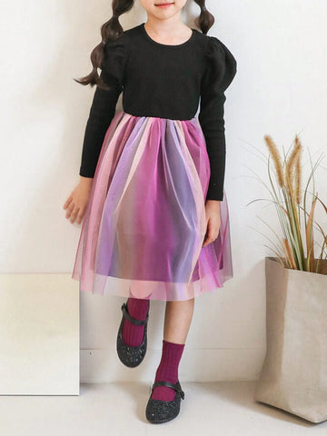 DAZY Girls' Round Neck Puff Sleeve Casual Dress, Toddler Size