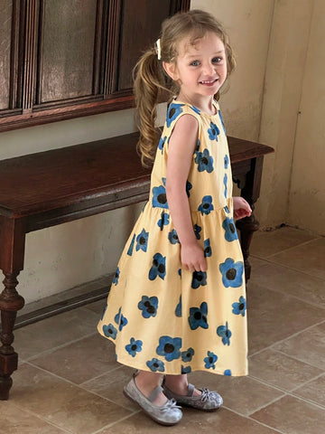 DAZY Girls' Sleeveless Round Neck Ditsy Floral Casual Dress, Summer