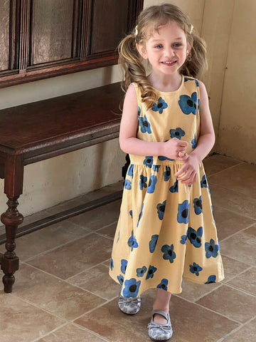 DAZY Girls' Sleeveless Round Neck Ditsy Floral Casual Dress, Summer
