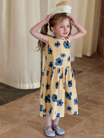 DAZY Girls' Sleeveless Round Neck Ditsy Floral Casual Dress, Summer