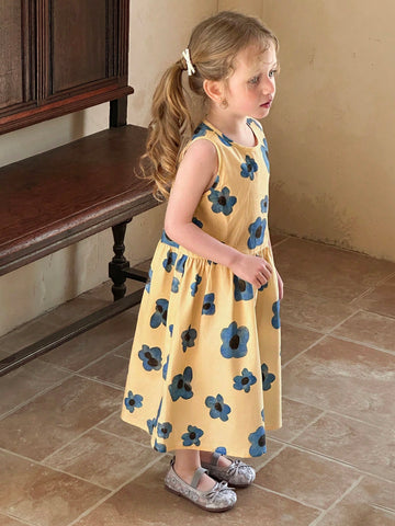 DAZY Girls' Sleeveless Round Neck Ditsy Floral Casual Dress, Summer