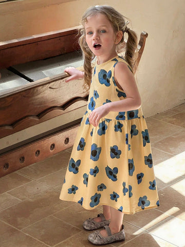 DAZY Girls' Sleeveless Round Neck Ditsy Floral Casual Dress, Summer