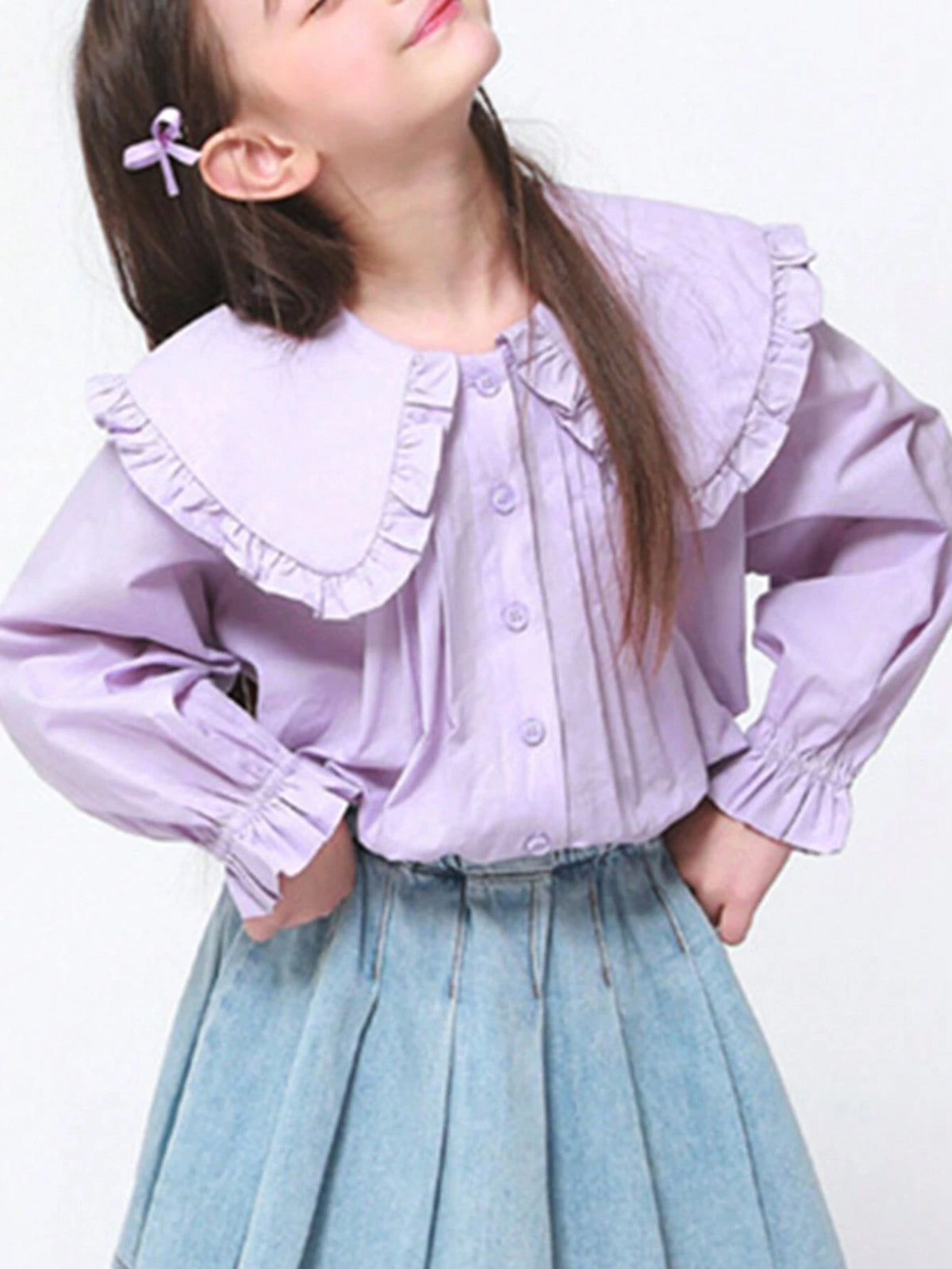 DAZY Girls (Small) Solid Color Peter Pan Collar Button Up Long Sleeve Pleated Casual Blouse