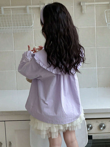 DAZY Girls (Small) Solid Color Peter Pan Collar Button Up Long Sleeve Pleated Casual Blouse