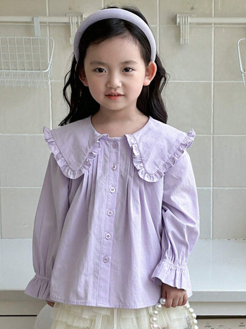 DAZY Girls (Small) Solid Color Peter Pan Collar Button Up Long Sleeve Pleated Casual Blouse