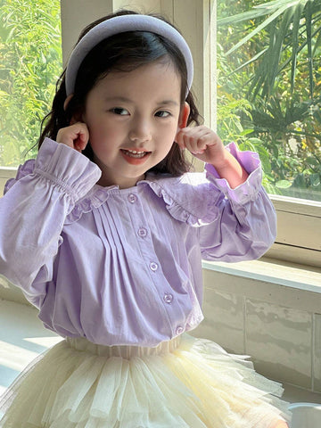 DAZY Girls (Small) Solid Color Peter Pan Collar Button Up Long Sleeve Pleated Casual Blouse