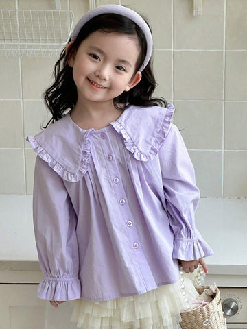 DAZY Girls (Small) Solid Color Peter Pan Collar Button Up Long Sleeve Pleated Casual Blouse