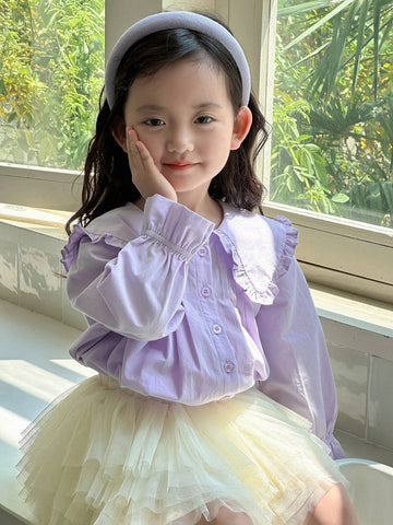 DAZY Girls (Small) Solid Color Peter Pan Collar Button Up Long Sleeve Pleated Casual Blouse