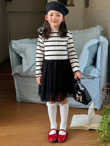 DAZY Girls (Toddler) Striped Mesh Patchwork Dress, Fall Season Young Girl Clothing
