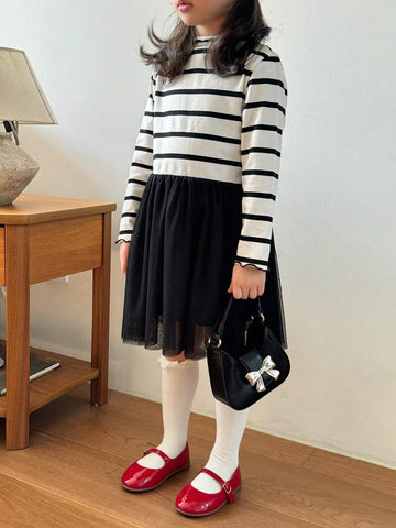 DAZY Girls (Toddler) Striped Mesh Patchwork Dress, Fall Season Young Girl Clothing