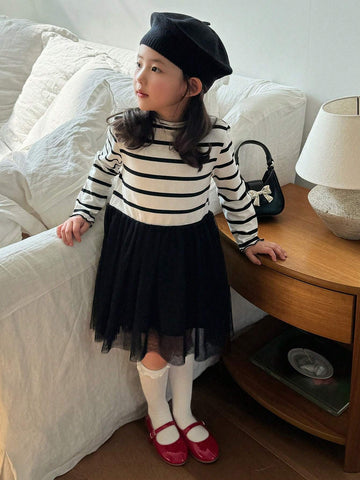 DAZY Girls (Toddler) Striped Mesh Patchwork Dress, Fall Season Young Girl Clothing