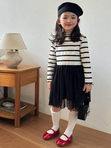 DAZY Girls (Toddler) Striped Mesh Patchwork Dress, Fall Season Young Girl Clothing