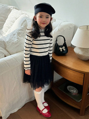 DAZY Girls (Toddler) Striped Mesh Patchwork Dress, Fall Season Young Girl Clothing