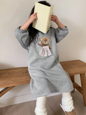 DAZY Girls (Young Girl) Round Neck Knitted Bear Print Straight Dress