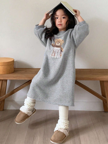 DAZY Girls (Young Girl) Round Neck Knitted Bear Print Straight Dress