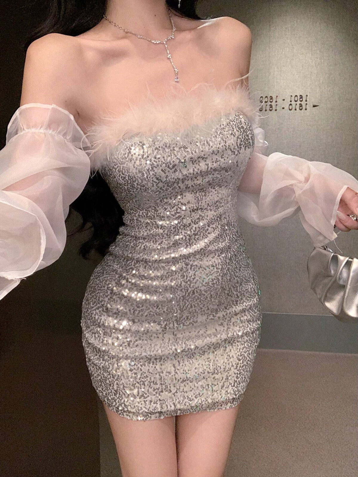 DAZY Glitter Net Mesh Patchwork Off-Shoulder Puff Sleeve Mini Cocktail Dress