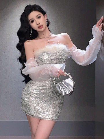 DAZY Glitter Net Mesh Patchwork Off-Shoulder Puff Sleeve Mini Cocktail Dress