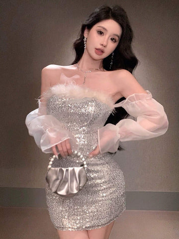 DAZY Glitter Net Mesh Patchwork Off-Shoulder Puff Sleeve Mini Cocktail Dress