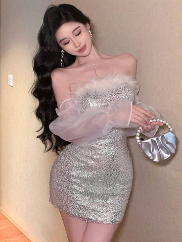 DAZY Glitter Net Mesh Patchwork Off-Shoulder Puff Sleeve Mini Cocktail Dress