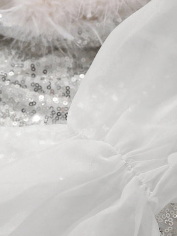 DAZY Glitter Net Mesh Patchwork Off-Shoulder Puff Sleeve Mini Cocktail Dress