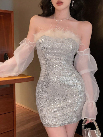 DAZY Glitter Net Mesh Patchwork Off-Shoulder Puff Sleeve Mini Cocktail Dress