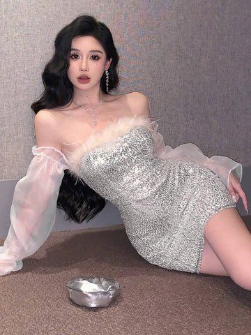 DAZY Glitter Net Mesh Patchwork Off-Shoulder Puff Sleeve Mini Cocktail Dress