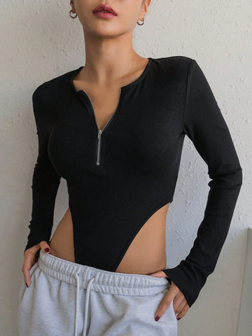 DAZY Half-zipper Long Sleeve High-cut Bodysuit