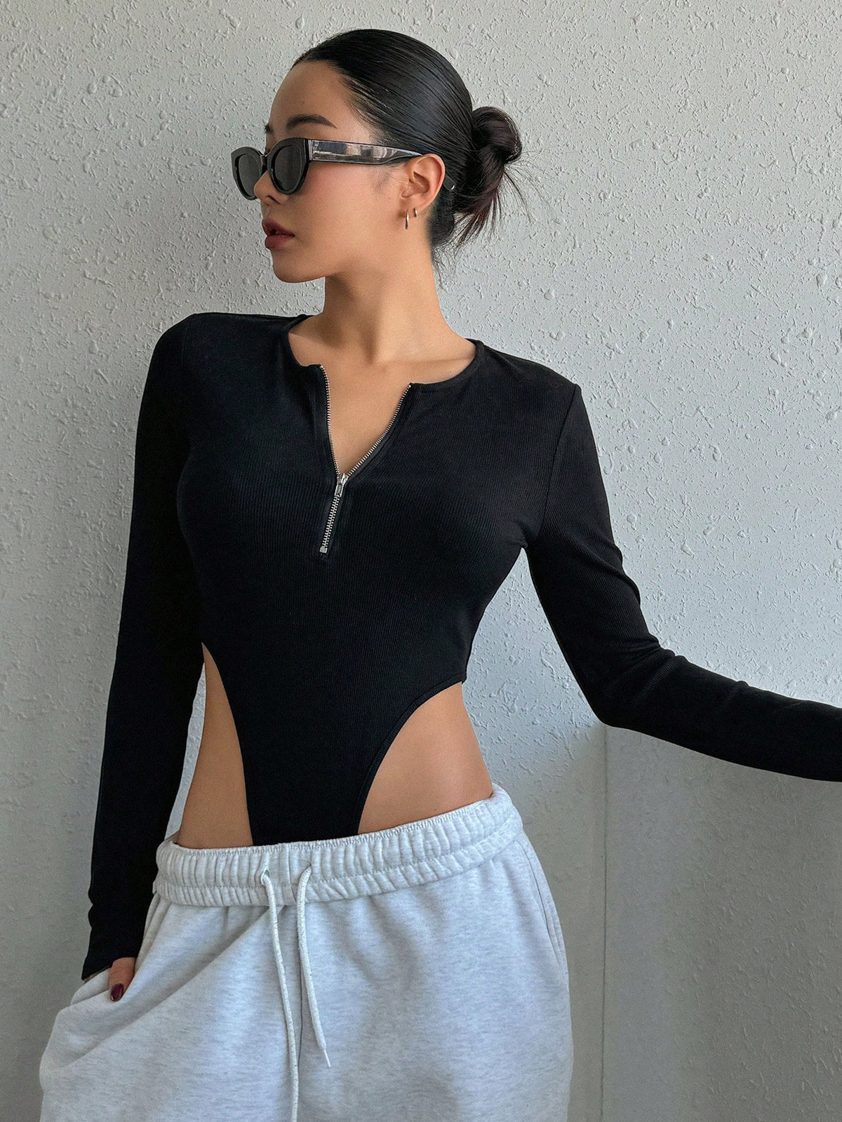 DAZY Half-zipper Long Sleeve High-cut Bodysuit