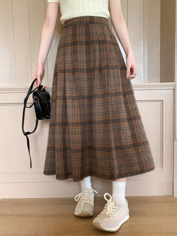 DAZY High Waist Plaid Print Long Casual Skirt For Women