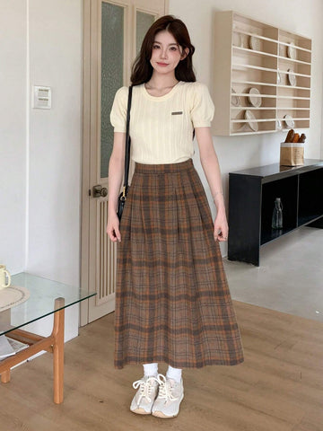 DAZY High Waist Plaid Print Long Casual Skirt For Women