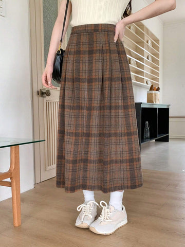 DAZY High Waist Plaid Print Long Casual Skirt For Women