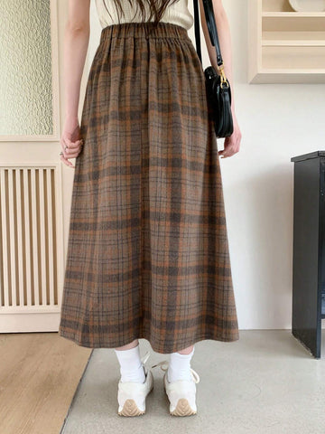 DAZY High Waist Plaid Print Long Casual Skirt For Women