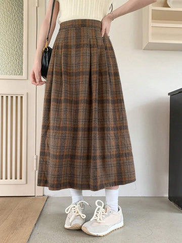 DAZY High Waist Plaid Print Long Casual Skirt For Women