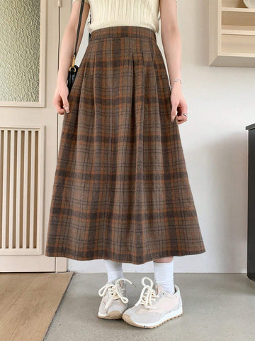 DAZY High Waist Plaid Print Long Casual Skirt For Women
