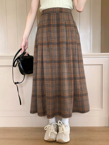 DAZY High Waist Plaid Print Long Casual Skirt For Women