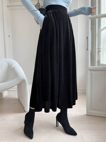 DAZY High Waist Slant Pocket Velvet Skirt