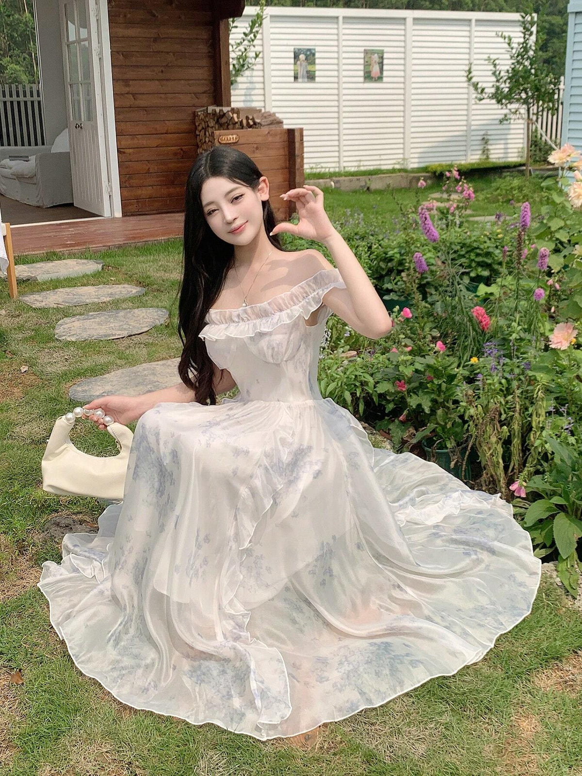 DAZY Ladies' Chiffon Floral Print One-Shoulder Ruffle Hem Dress