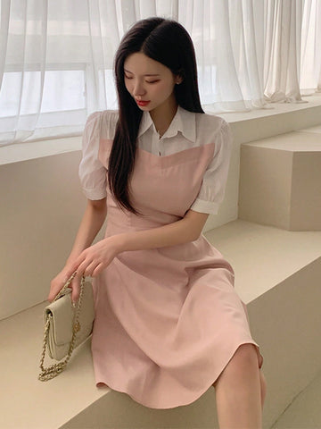 DAZY Ladies' Color Block Patchwork Turn-Down Collar Short Sleeve Dress