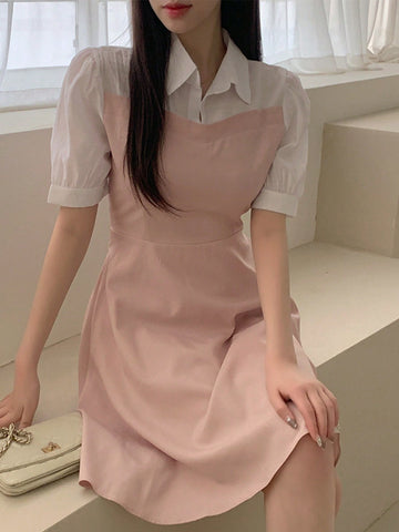 DAZY Ladies' Color Block Patchwork Turn-Down Collar Short Sleeve Dress