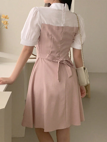 DAZY Ladies' Color Block Patchwork Turn-Down Collar Short Sleeve Dress