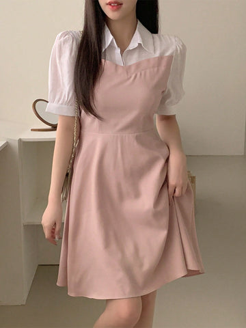 DAZY Ladies' Color Block Patchwork Turn-Down Collar Short Sleeve Dress
