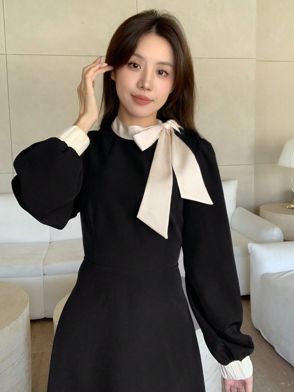 DAZY Ladies' Contrast Color Collared Waist Strap Dress