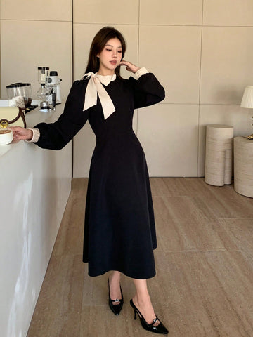 DAZY Ladies' Contrast Color Collared Waist Strap Dress