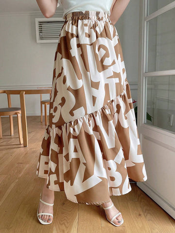 DAZY Ladies' Elastic Waist Ruffled Hem Allover Print Skirt, Summer